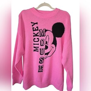 H&M Divided Disney Mickey Mouse Jacquard Knit Sweater Pink Black Crewneck‎